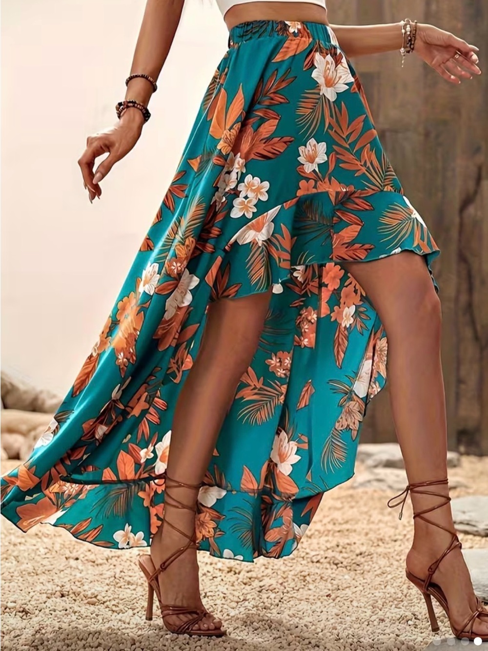 Teal Tropical High-Low Maxi Skirt with Orange Floral Print